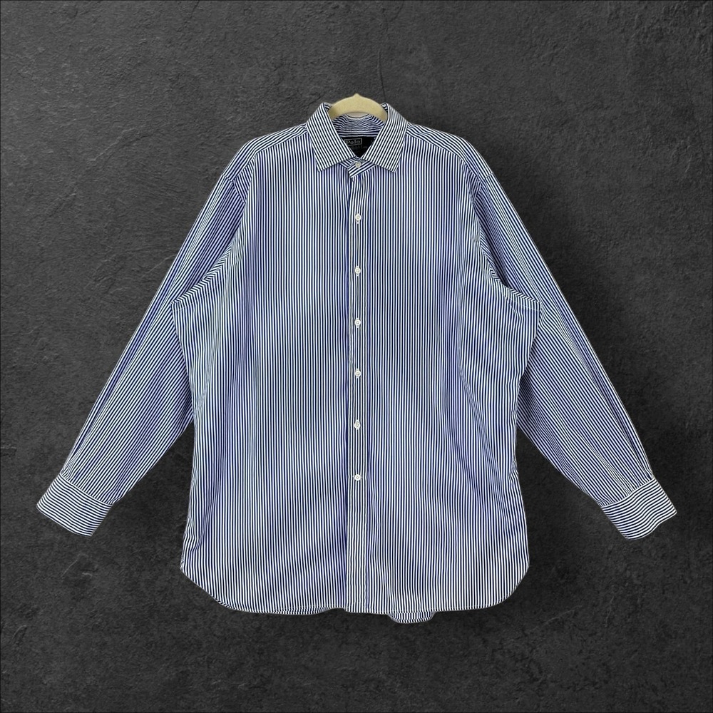 Polo‎ Ralph Lauren Regent Shirt Mens Size 17 35 Blue Striped Pony Classic Fit